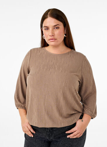 Zizzi Bluse med tekstur og 3/4 ermer, Brun, Model image number 0