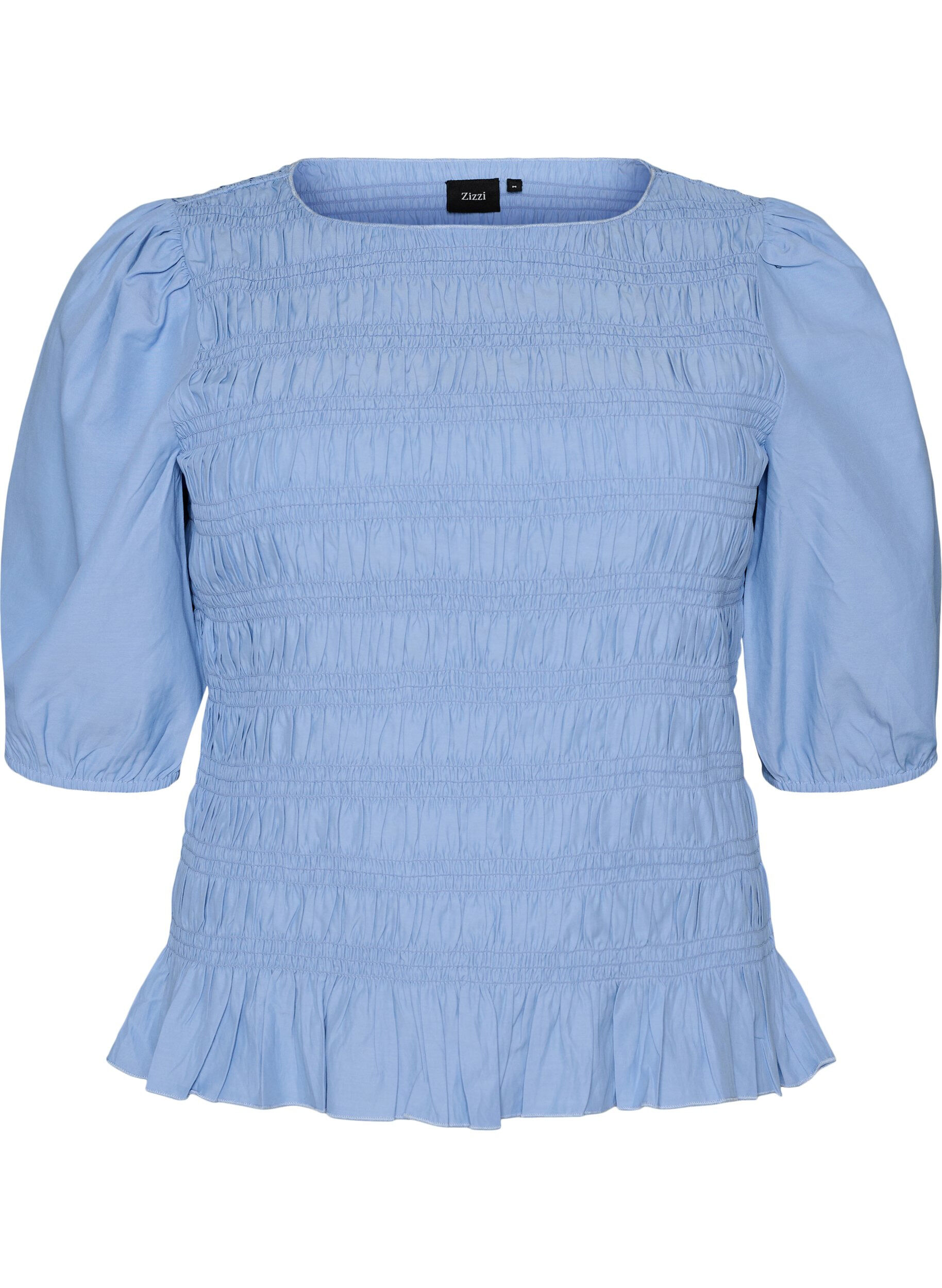 Smockbluse med volangkant og b&aring;thals