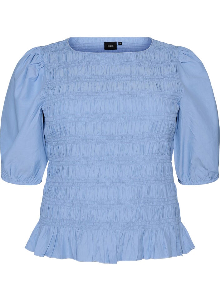 Smockbluse med volangkant og b&aring;thals, Bl&aring;, Packshot image number 0