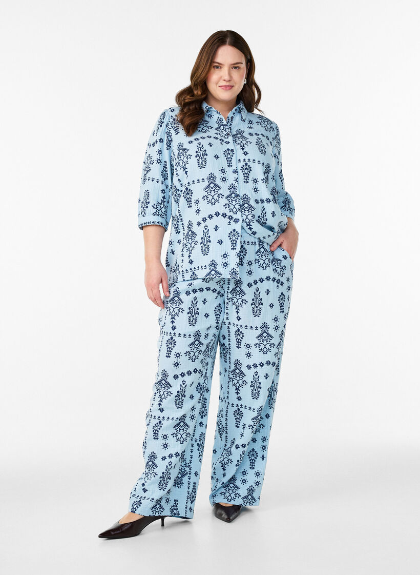 Skjortebluse med 3/4 ermer, Bl&aring;, Model image number 1