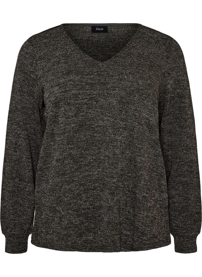 Jerseybluse med V-hals og lange ermer, Svart, Packshot image number 0