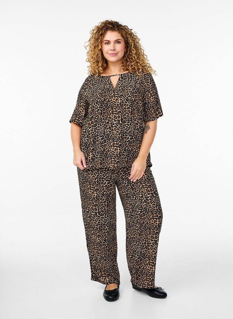 Short sleeve Viscose Bluse med utskrift, Brun, Model image number 1