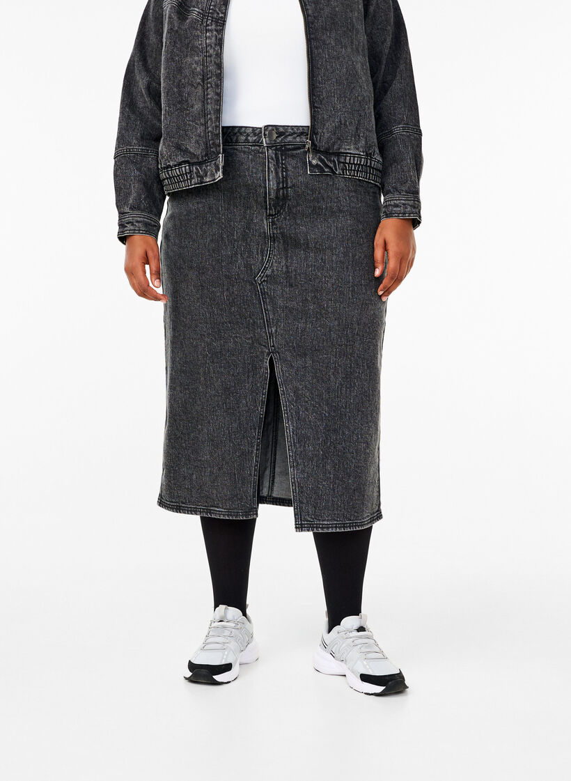 Denimskjørt med splitt foran, Dark Grey Denim, Model image number 2