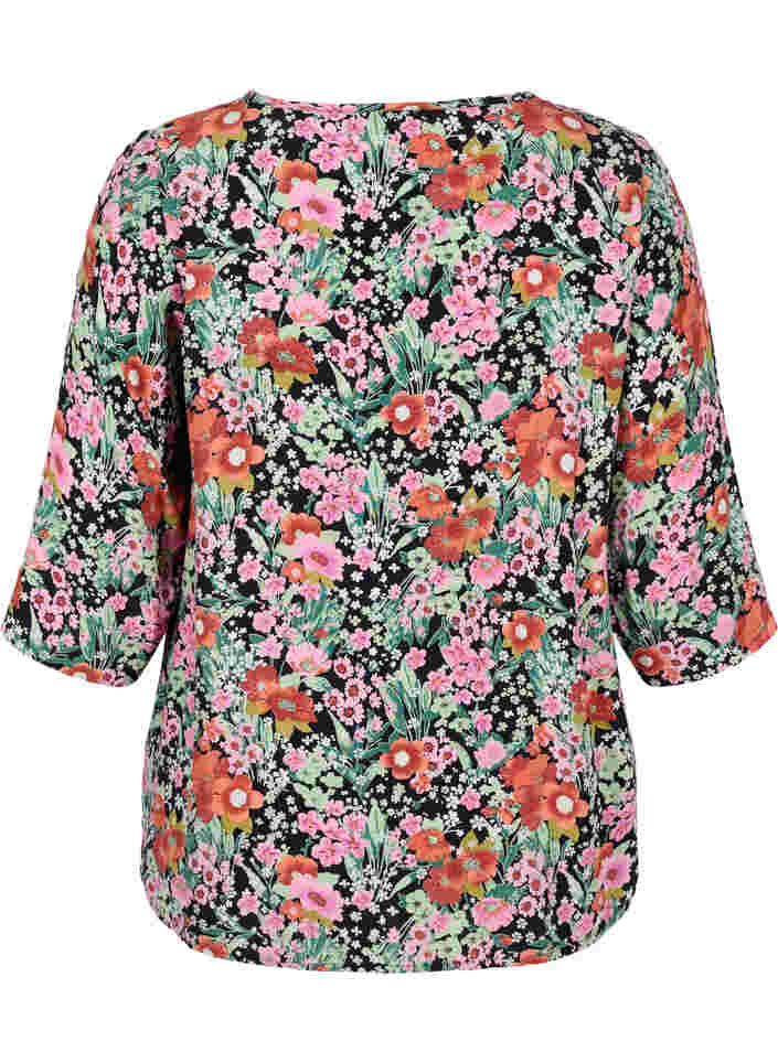 Blomstrete bluse med 3/4-ermer, Green Flower AOP, Packshot image number 1