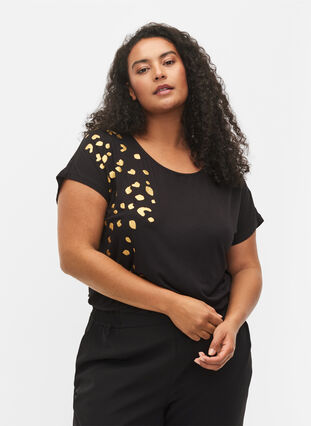 Kortermet T-skjorte i viskose med mønster, Black Gold , Model image number 0