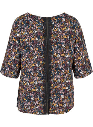 Mønstrete bluse med blonderygg og 3/4-ermer, Black/Multi Flower, Packshot image number 1