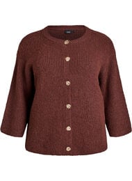 Kort cardigan med 3/4-ermer og gullfargede teksturerte knapper, Brown Stone Mel.