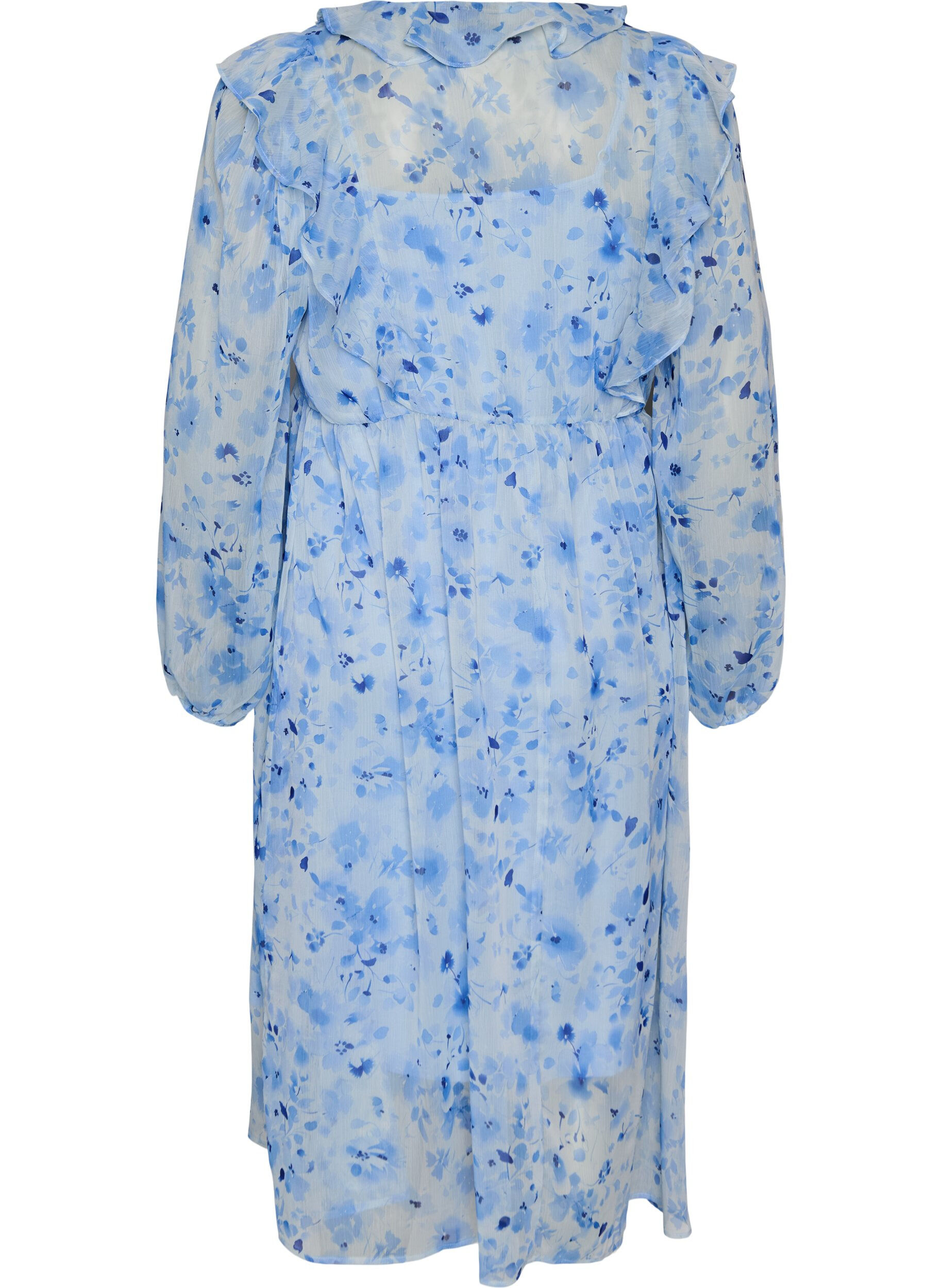 ZizziChiffonkjole med blomsterprint, volanger og lange ermer, Bl&aring;, Packshot image number 1