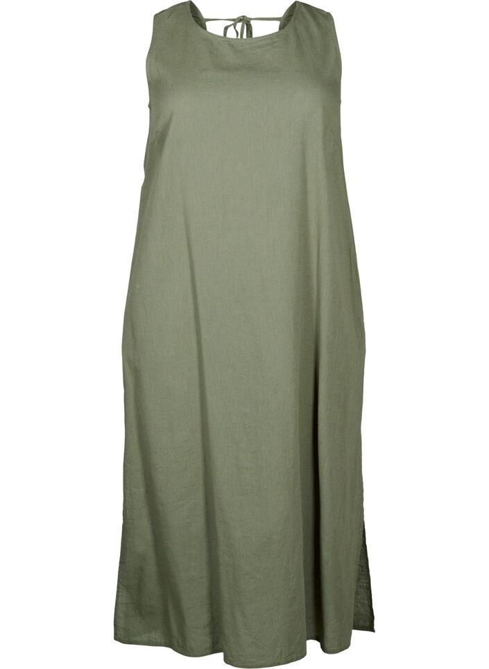Ermeløs kjole i bomullsblanding med lin, Deep Lichen Green, Packshot image number 0