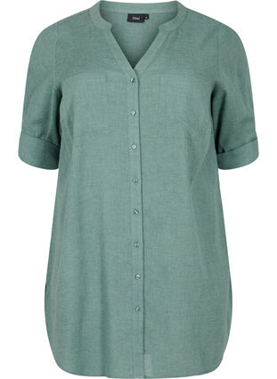 Lang skjorte med 3/4-ermer og V-hals, Balsam Green, Packshot image number 0
