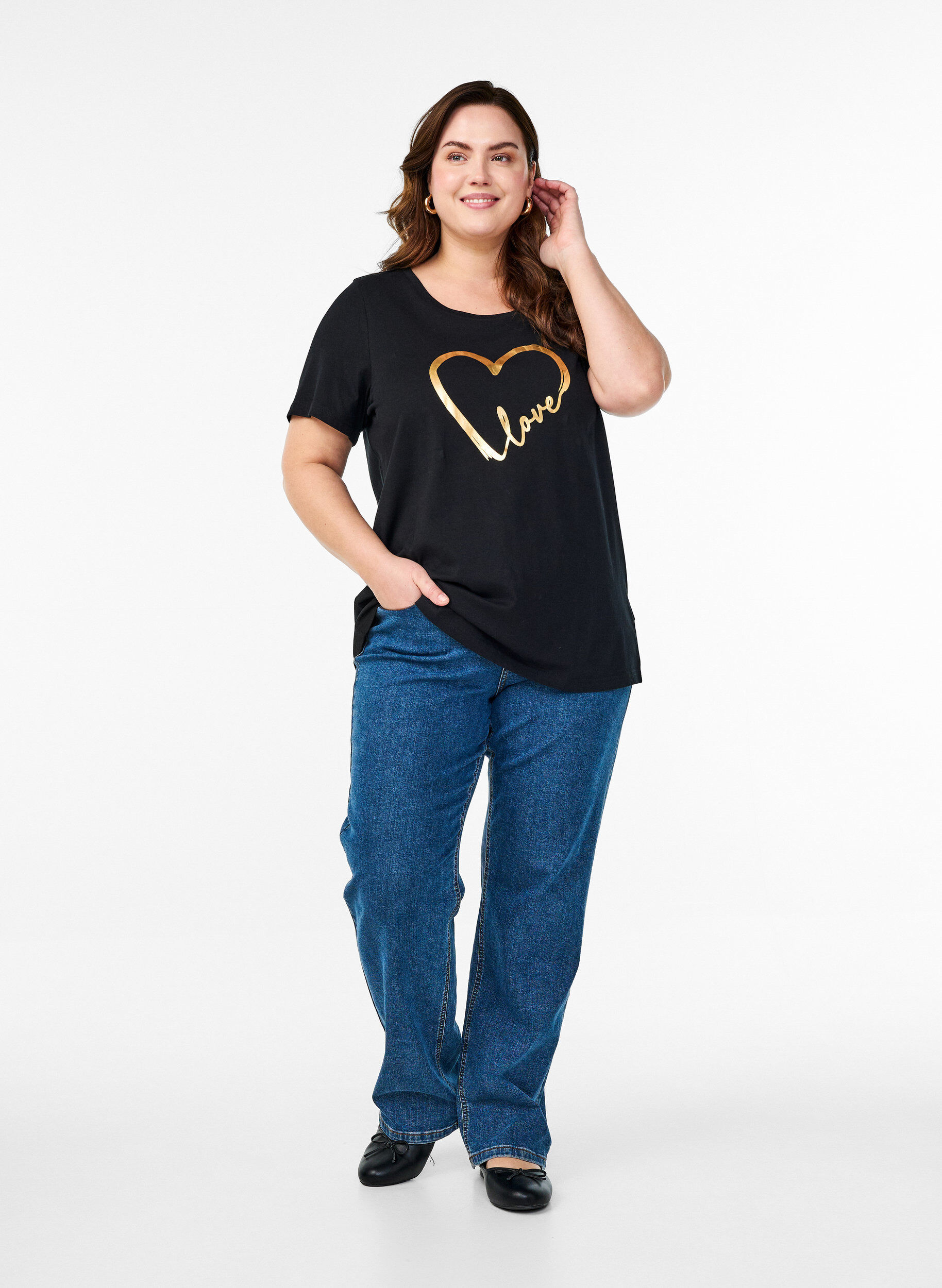 Zizzi Bomulls-t-skjorte med motiv, Black w. Gold Love, Model image number 2