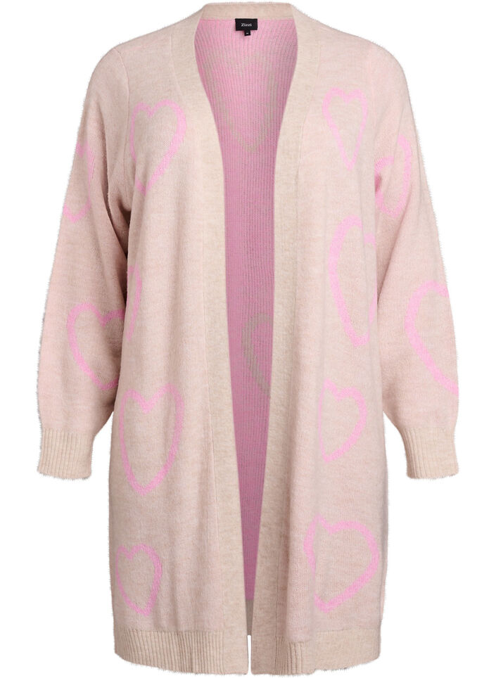 Lang cardigan med tone-i-tone hjerter, Beige, Packshot image number 0
