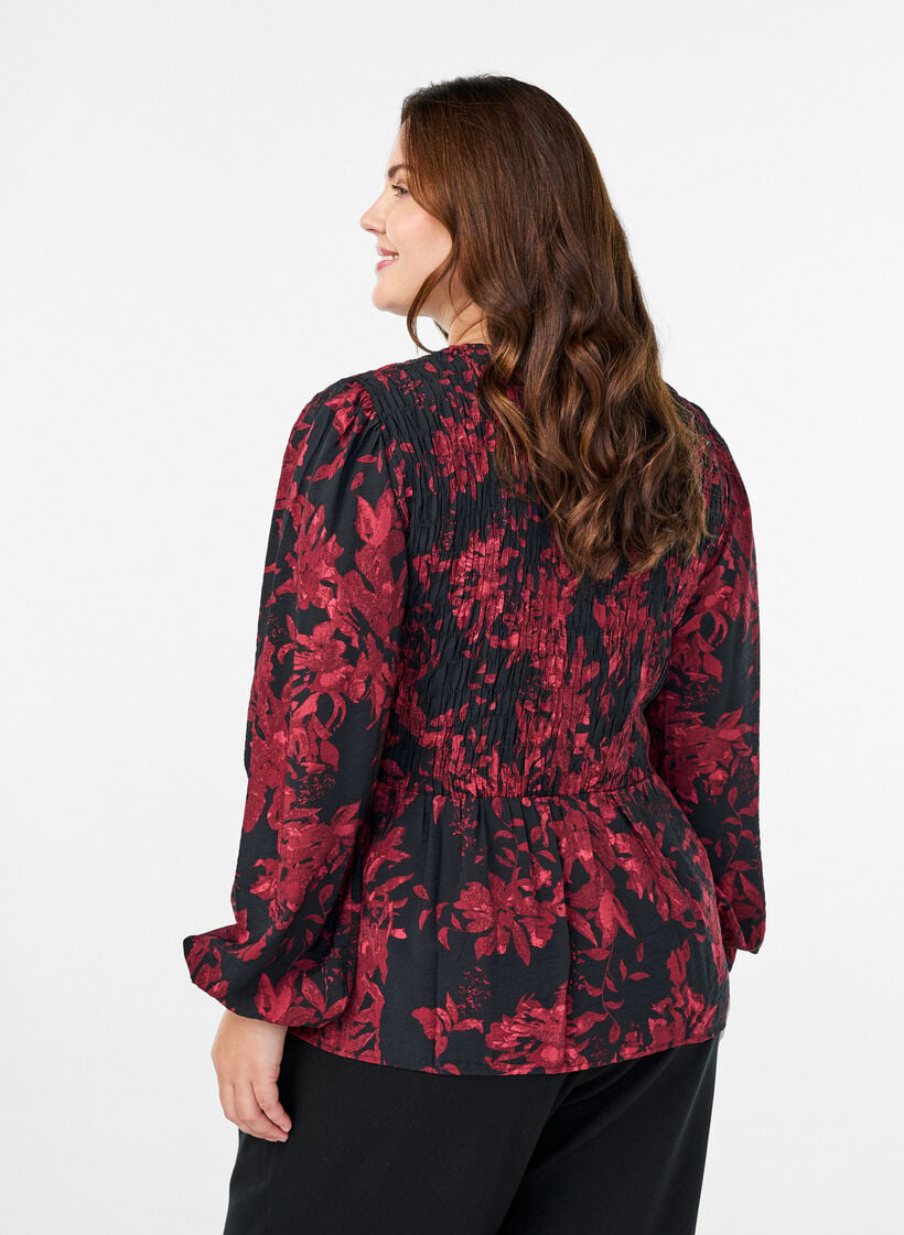 Bluse med smock og lange ermer, Svart, Model image number 2