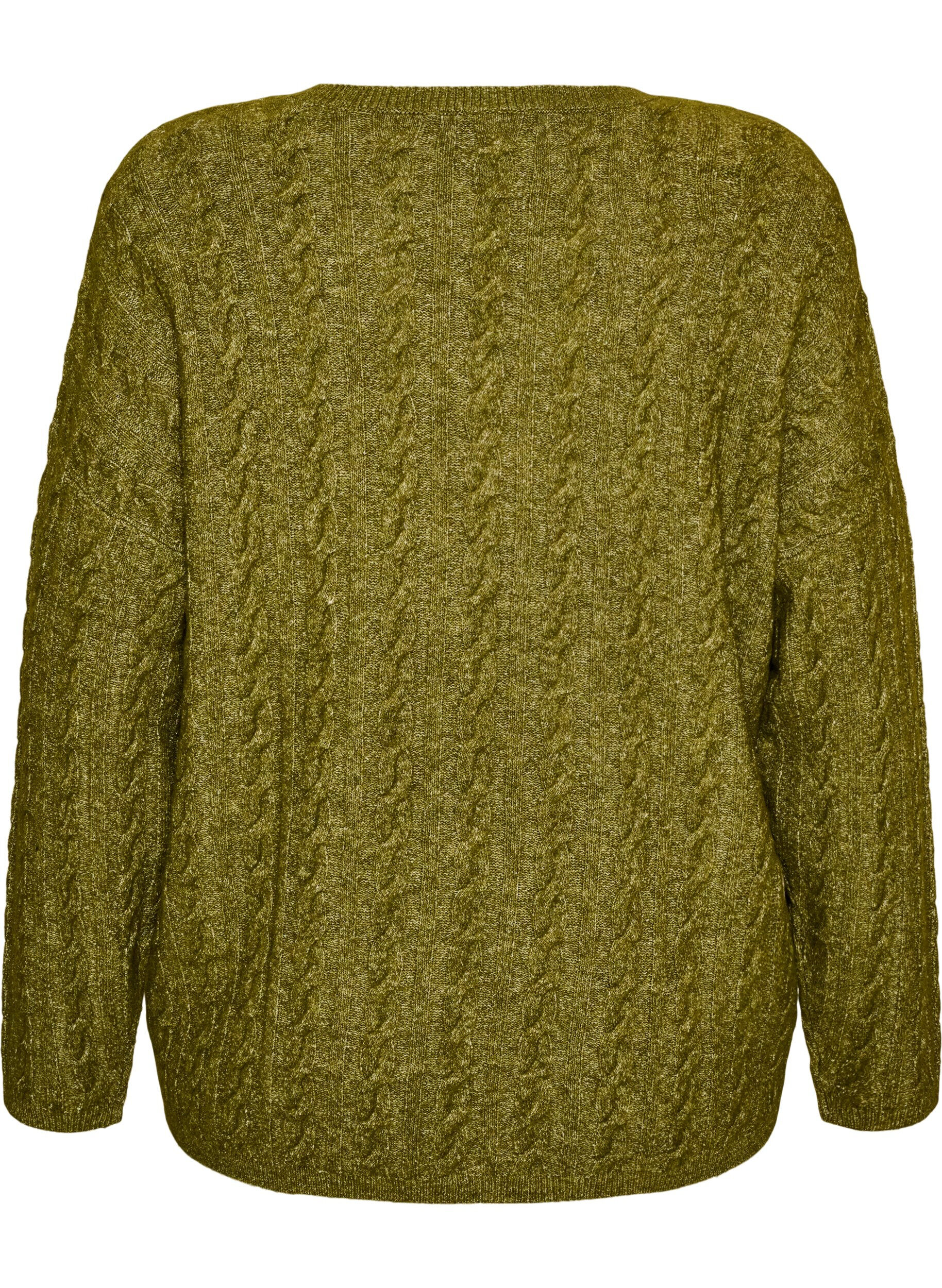 ZizziStrikket bluse med flettestrikk og V-hals, Gr&oslash;nn, Packshot image number 1