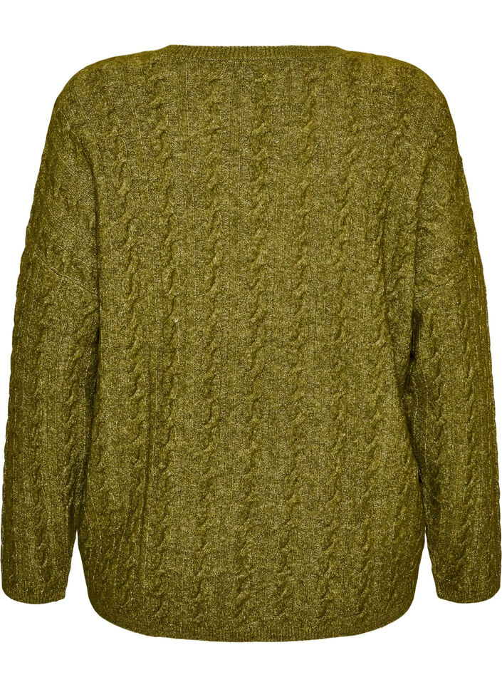 Strikket bluse med flettestrikk og V-hals, Gr&oslash;nn, Packshot image number 1