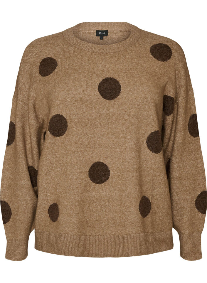 Strikkebluse med prikket m&oslash;nster, Brun, Packshot image number 0