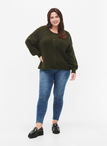 Strikket ribbestrikket cardigan med knapper, Forest Night Mel., Model image number 2