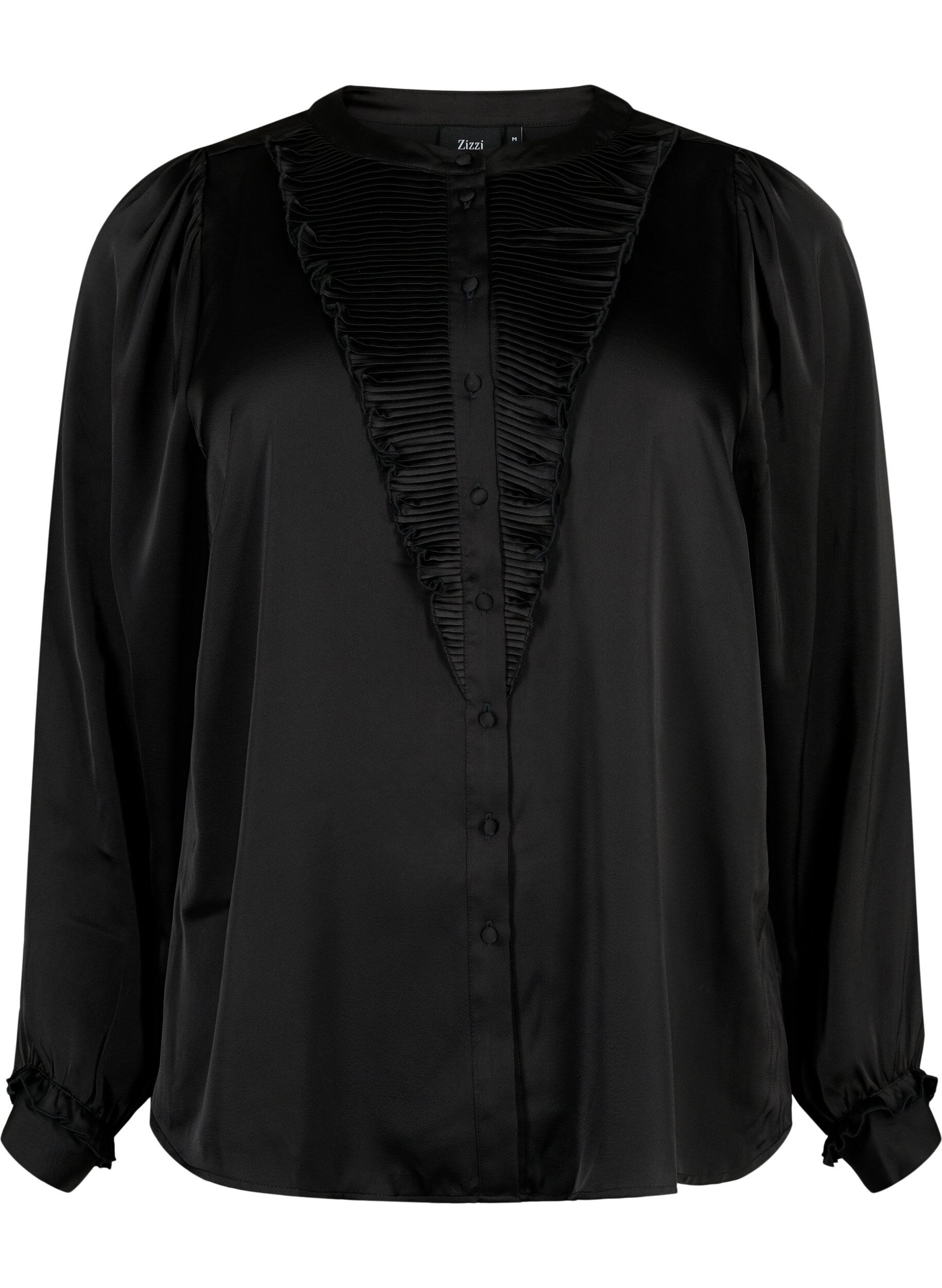 Zizzi Skjortebluse i sateng med volangdetaljer, Black, Packshot image number 0