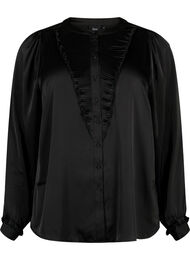 Skjortebluse i sateng med volangdetaljer, Black