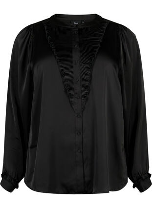 Skjortebluse i sateng med volangdetaljer, Black, Packshot image number 0