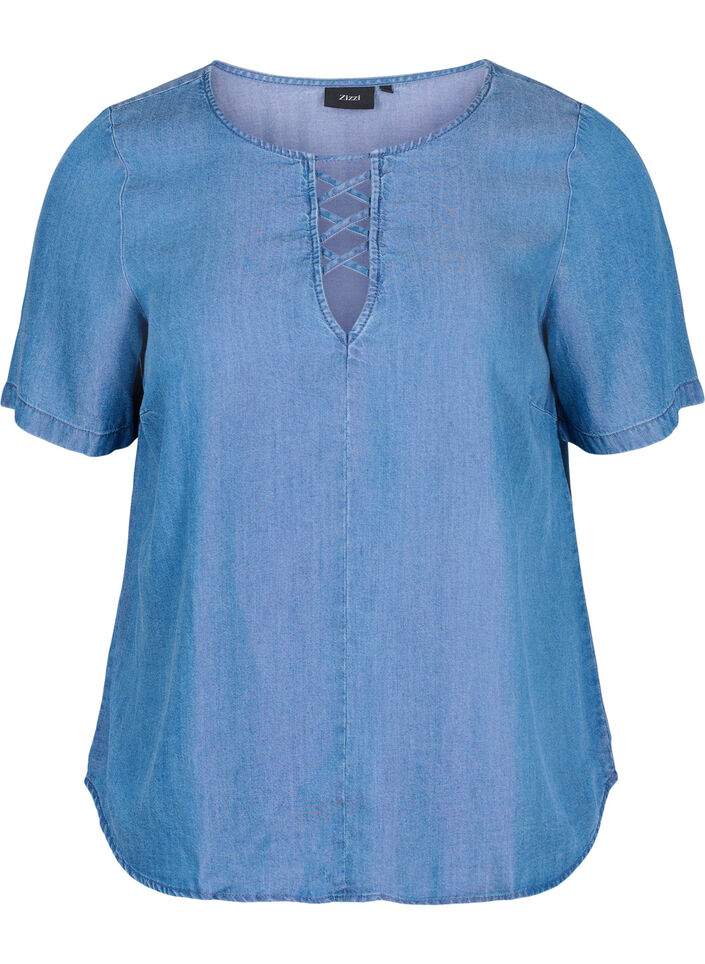 Kortermet bluse i lyocell (TENCEL™), Blue denim, Packshot image number 0