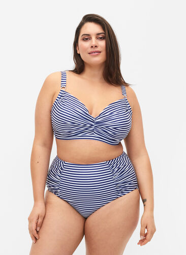 Blomstrete bikinitruse med høyt liv, Blue Striped, Model image number 0