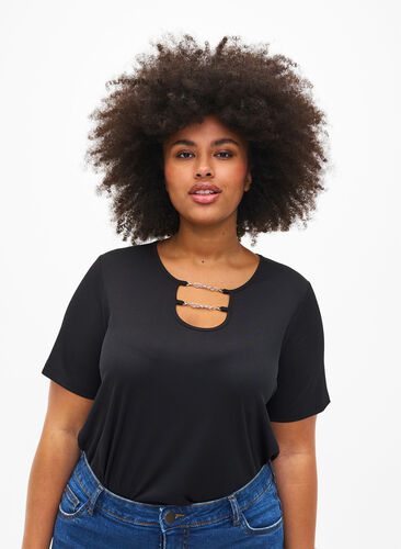 Ribbestrikket bluse med kjededetaljer, Black, Model image number 0