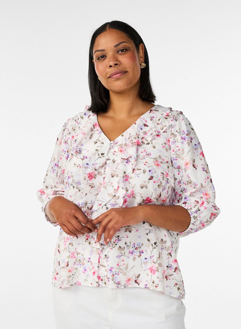Viskose bluse med blomstertrykk og 3/4 ermer, Vanilje, Model image number 0