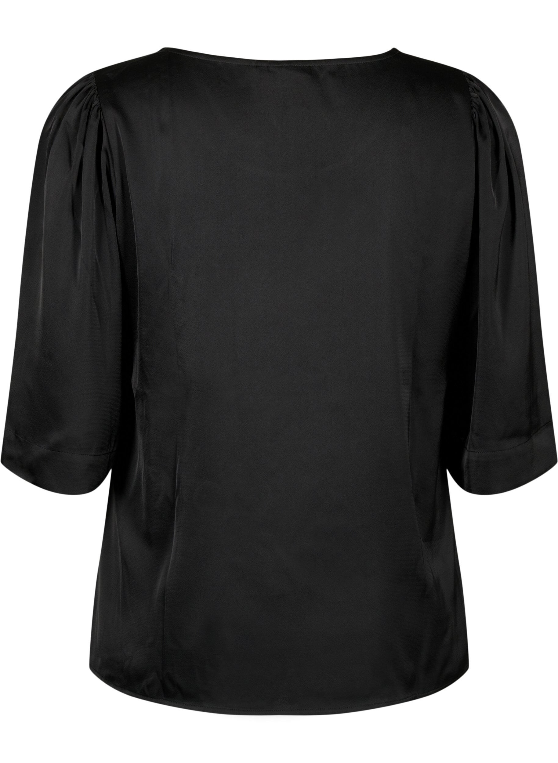 Zizzi Bluse i sateng med halvlange ermer, Black, Packshot image number 1