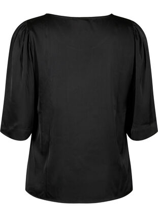 Bluse i sateng med halvlange ermer, Black, Packshot image number 1