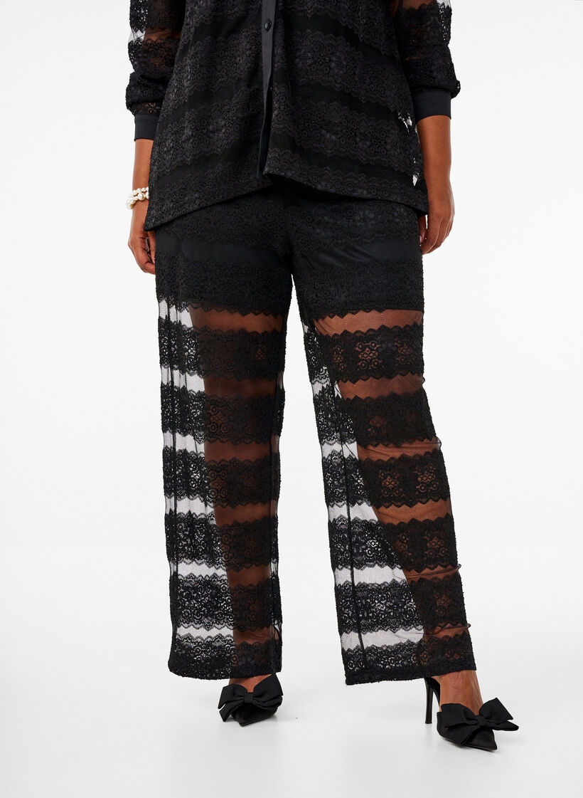 Løse bukser med blonder og gjennomsiktig mesh., Black, Model image number 2