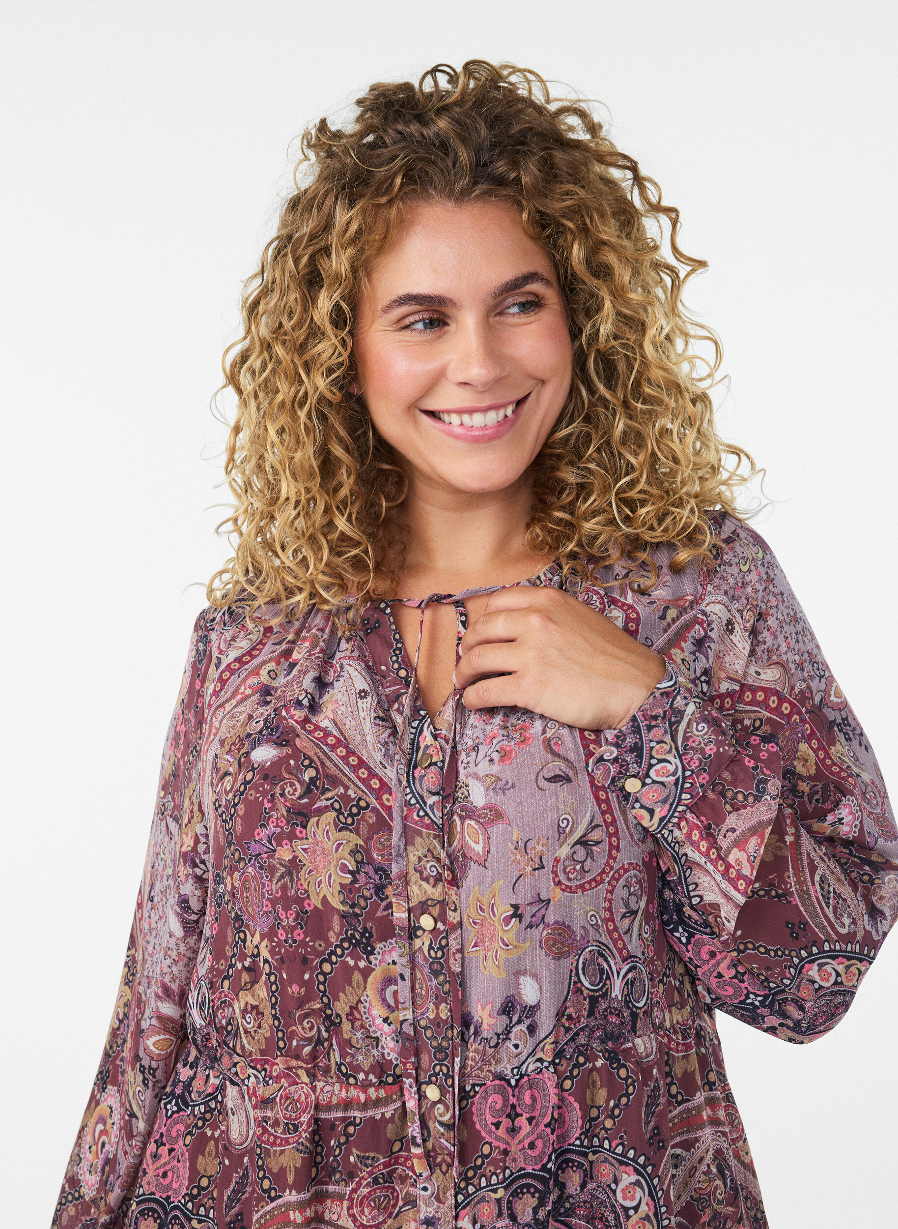 ZizziMidikjole med paisley-trykk og elastisk midje, Lilla, Model image number 2