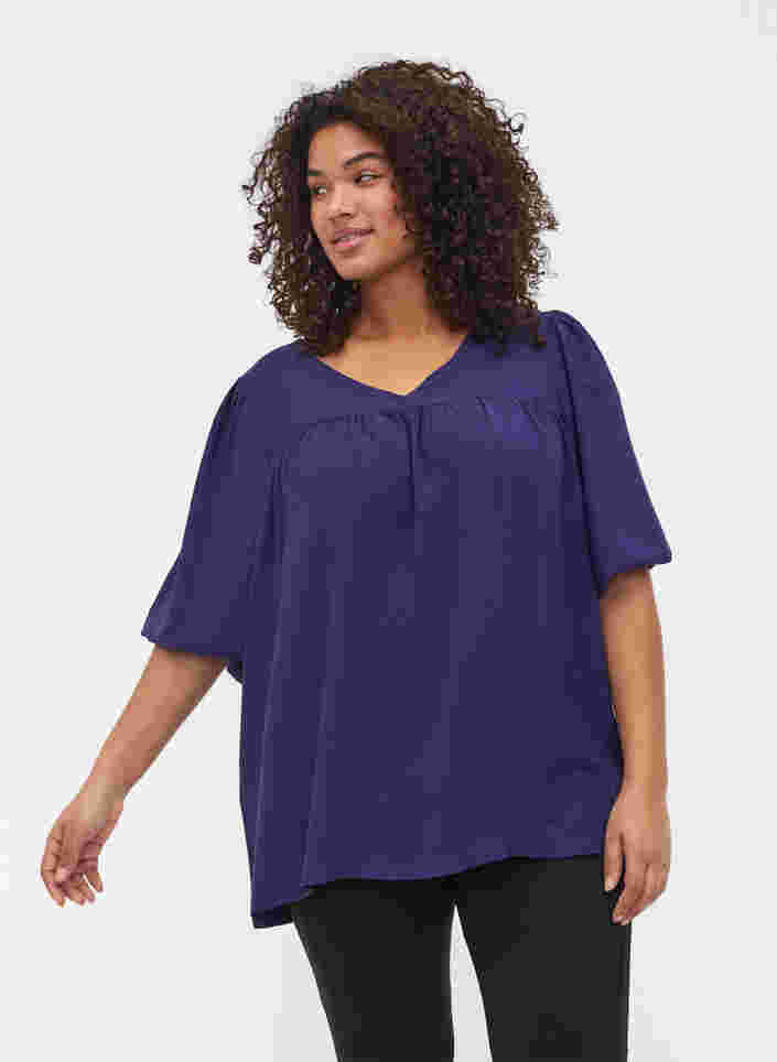 Ensfarget bluse med korte puffermer, Parachute Purple, Model image number 0