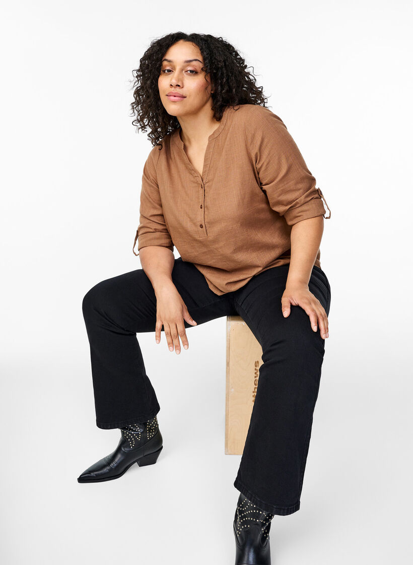 Skjortebluse i bomull med V-hals, Coca Mocha, Image image number 0