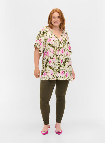 Viskosebluse med korte ermer, Green Pink AOP, Model image number 2