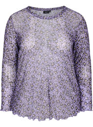 Tettsittende bluse i mesh og blomstermønster, Purple AOP