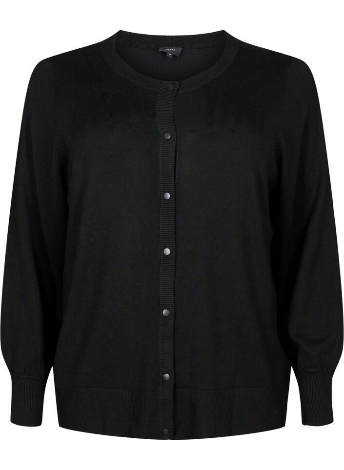 Strikkecardigan med rund hals og knapper, Svart, Packshot image number 0