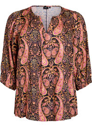 Bluse med paisleymønster og 3/4 ermer, Blue Paisley AOP