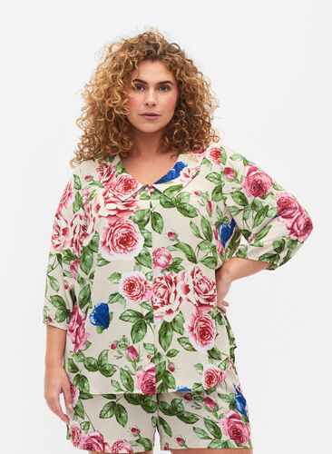 Blomstrete skjorte med 3/4-ermer, Bright Flower, Model image number 0