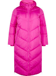 Lang pufferjakke med hette og lommer, Rose Violet