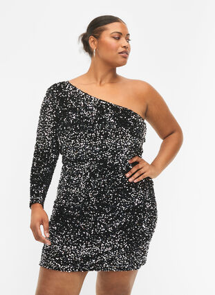 Kort one-shoulder-kjole med paljetter, Black/Silver Sequins, Model image number 0