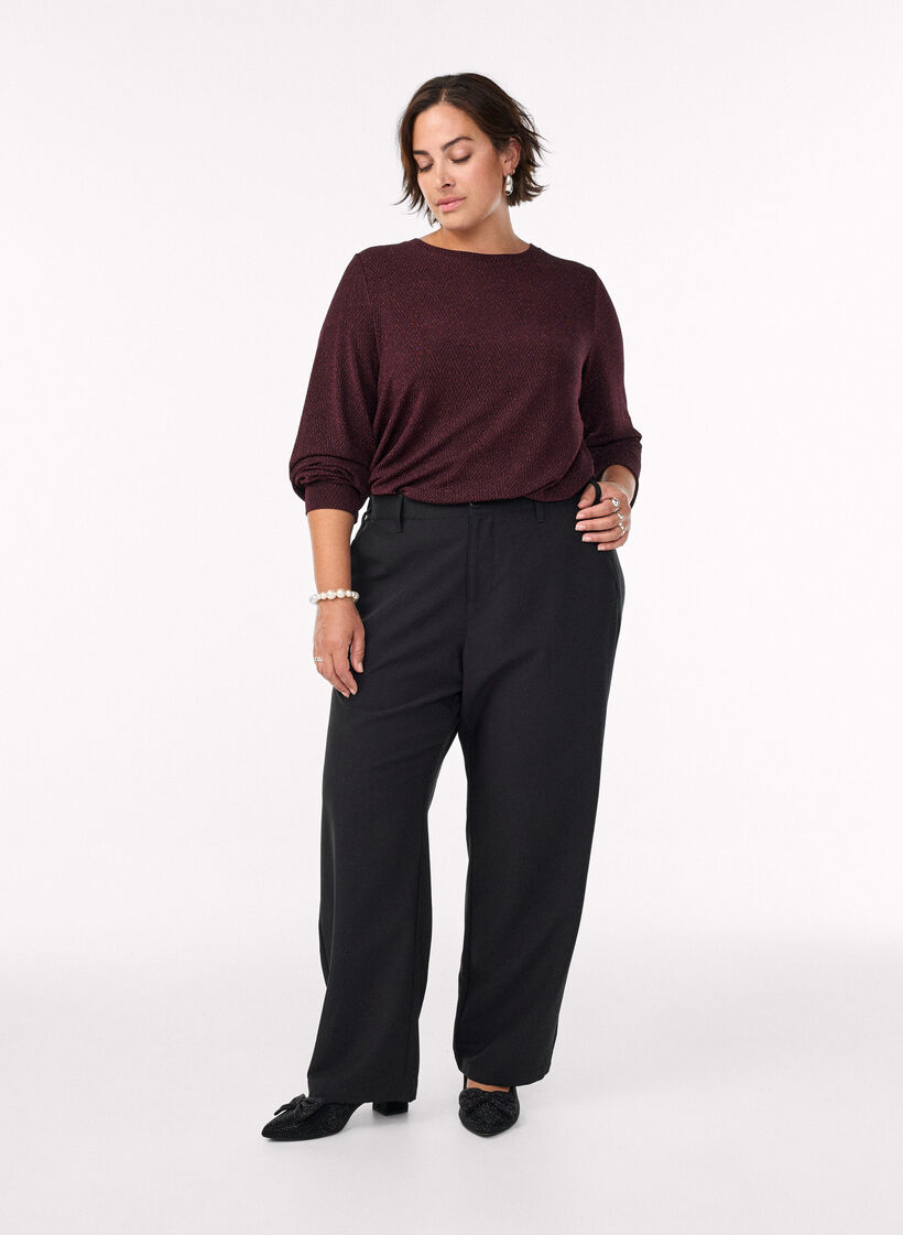 Bluse med fiskebensm&oslash;nster og glittertr&aring;d, M&oslash;rk Bordeaux, Model image number 1