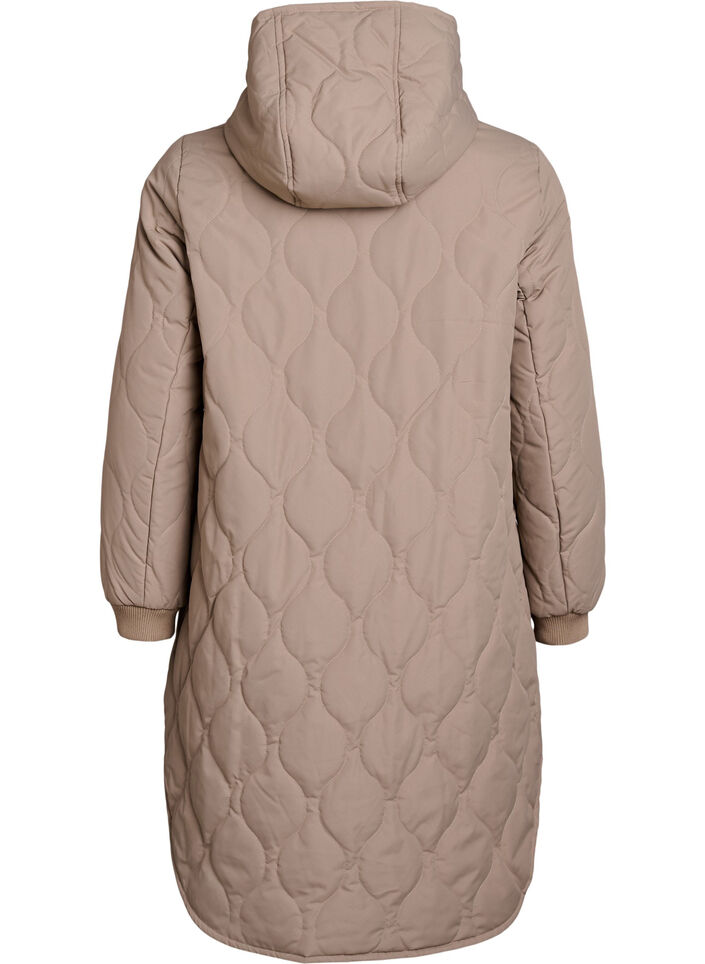 Mellomlang quiltet jakke med hette, Brun, Packshot image number 1