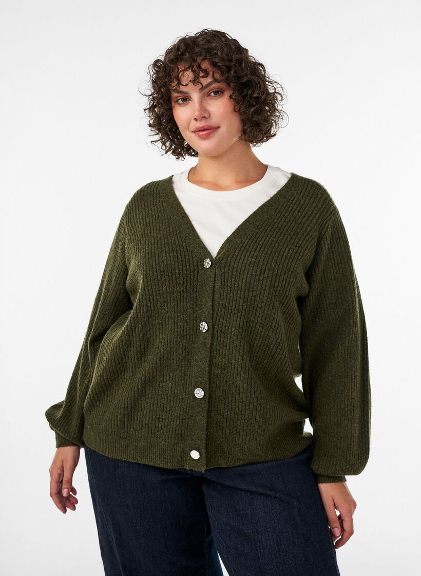 Cardigan med V-hals og ribbestruktur, Gr&oslash;nn, Model image number 0