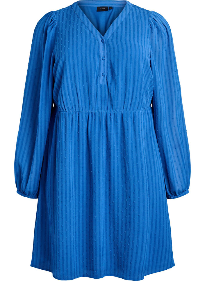 Kort kjole med tonale striper og teksturerte prikker, Blå, Packshot image number 0