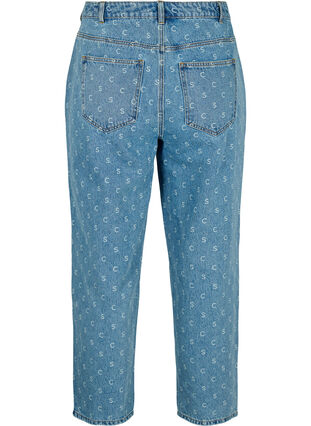 Cropped jeans med trykk og høy midje, Blue denim, Packshot image number 1