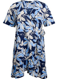 Blomstret omslagskjole med korte ermer, Blue Flower