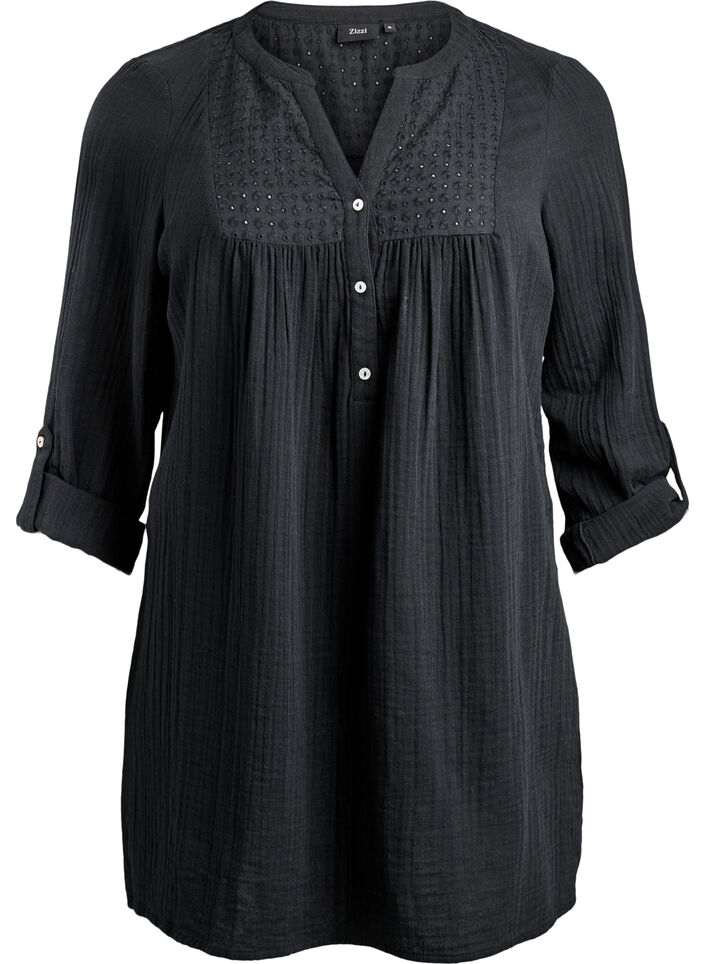 Bomullsmuslin tunika med broderie anglaise, Svart, Packshot image number 0