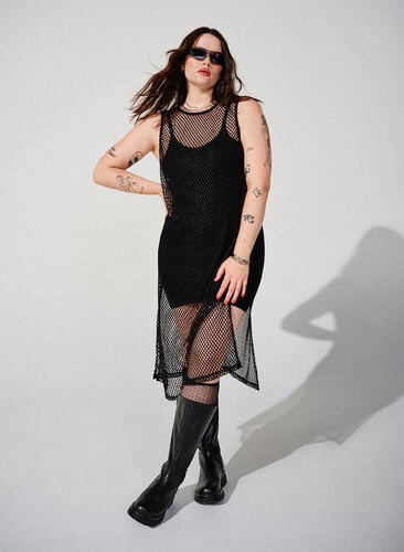 Ermeløs kjole i netting med splitt, Black, Image image number 0