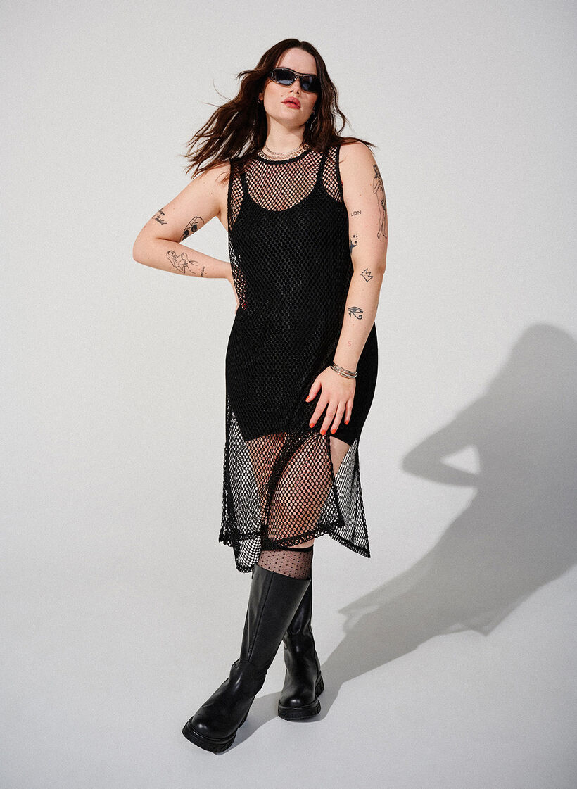 Ermeløs kjole i netting med splitt, Black, Image
